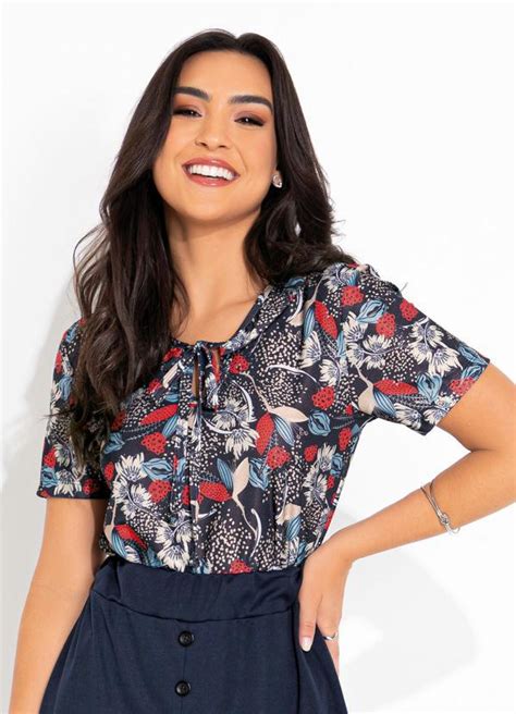 Blusa Floral Marinho Gola Moda Evang Lica Rosalie