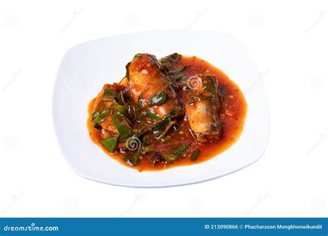 Stir Fried Spicy Canned Fish With Basil Leaves Served Sardines In