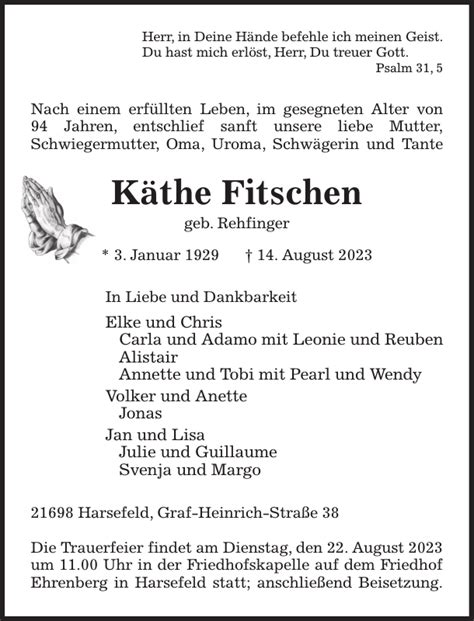 Käthe Fitschen Traueranzeige Stader Tageblatt