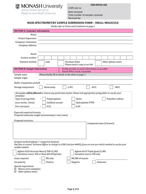 Fillable Online Med Monash Edu MASS SPECTROMETRY SAMPLE SUBMISSION FORM