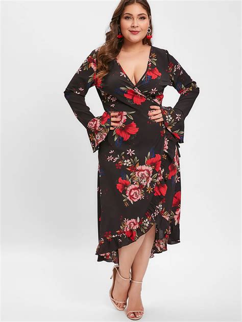 Wipalo Plus Size Floral Print Ruffled Boho Midi Dress Women Spring Long