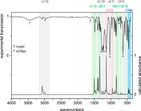 Experimental (top) and calculated (bottom, without triflate anion) IR ...