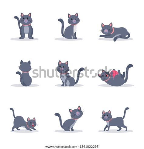 Cute Grey Cats Vector Color Illustrations Set Playful And Naughty Kitten In Different Poses