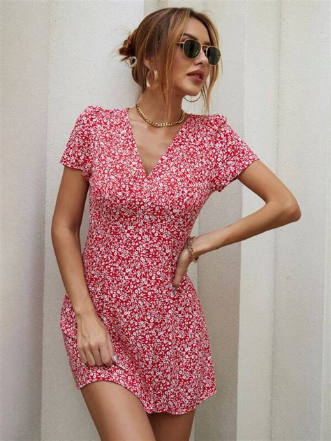 Deep V Neck Ditsy Floral Dress Shein Usa