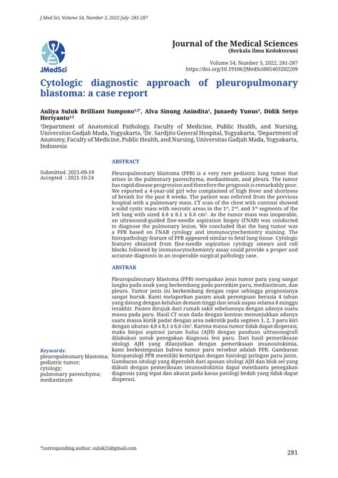 PDF Cytologic Diagnostic Approach Of Pleuropulmonary Blastoma A Case