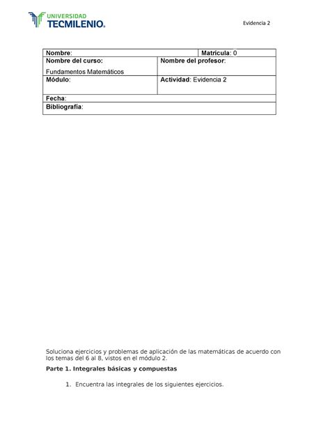 Evidencia Fundamentos Matematicos Nombre Matr Cula Nombre Del