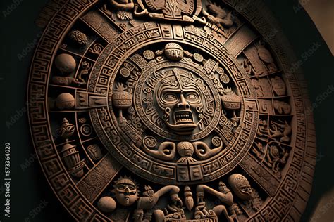 Close View Of The Ancient Aztec Mayan Calendar With Round Pattern And