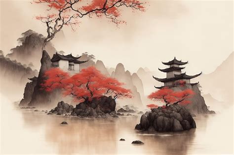 Una pintura de un paisaje japonés con un árbol rojo en primer plano