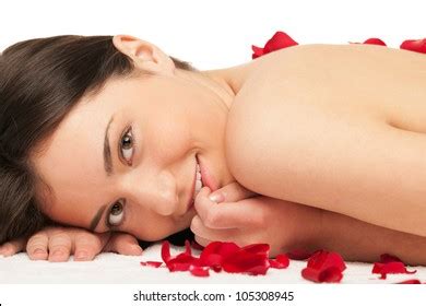 Smiling Brunette Lying Down Sauna Against Stock Photo 254416984