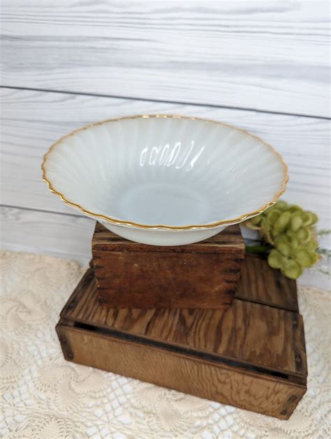 Vintage Anchor Hocking Milk Glass Bowl With Gold Rim Etsy