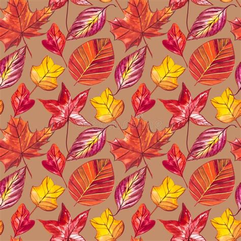 Red And Orange Autumn Leaves Background Watercolor Seamless Pattern