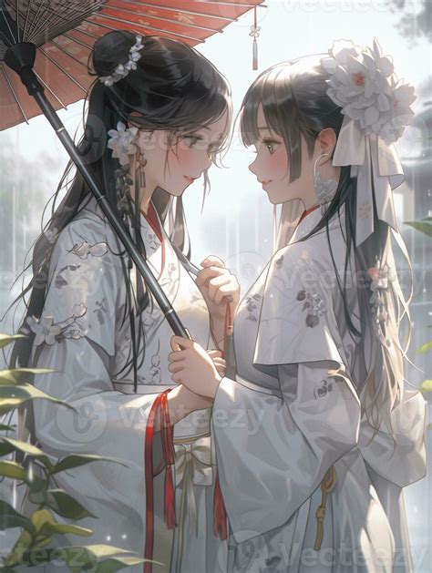 anime girl in kimono dress holding an umbrella and another girl in a ...