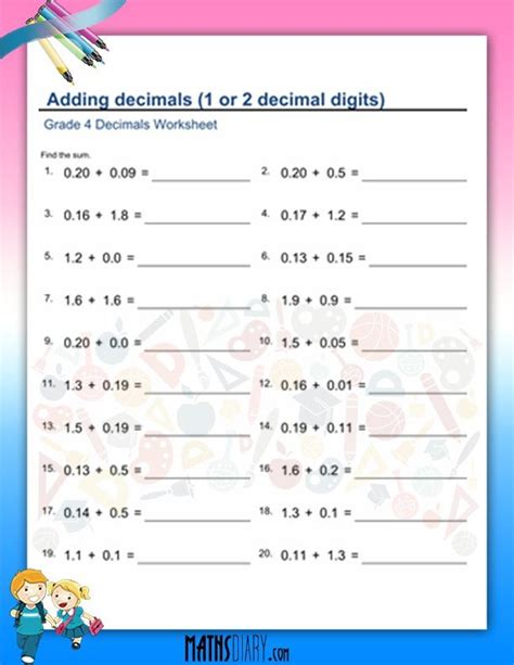 Addition Of Decimals Worksheet Grade 4 Math Worksheets