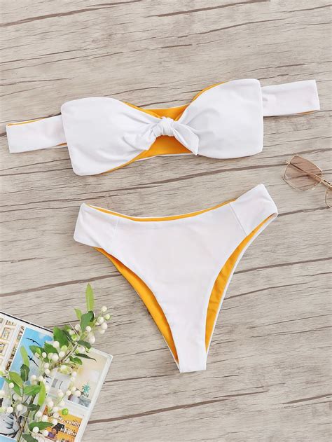 Two Tone Color Off The Shoulder Bikini Set ROMWE One Piece Swimwear