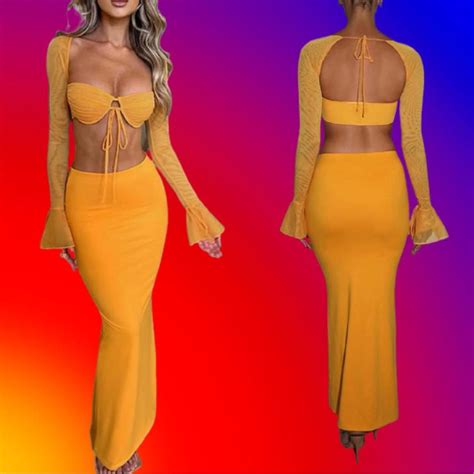 Yellow Two Piece Maxi Skirt Set With Mesh Flair Depop