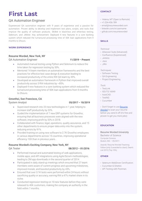 Qa Quality Assurance Automation Engineer Resume Examples For