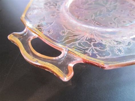 Pink Carnival Glass Etched Handled Plate