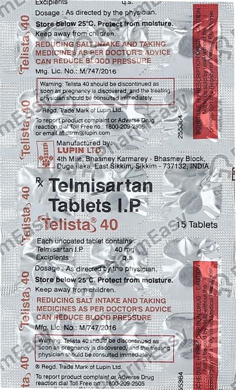 Telista 40 Mg Tablet 15 Uses Side Effects Price And Dosage Pharmeasy