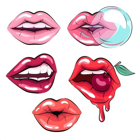 Conjunto De Labios De Mujer Boca Dibujos Vectoriales Vector Premium