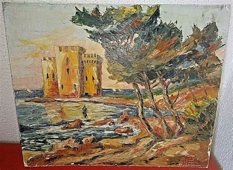 Ancienne Belle Peinture Huile Paysage Marine Avec Chateau Fort Sign