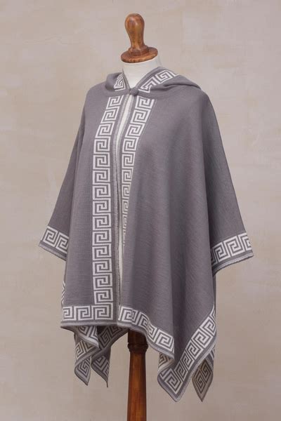 Peruvian Alpaca Wool Patterned Kimono Style Ruana Inca Gray Novica