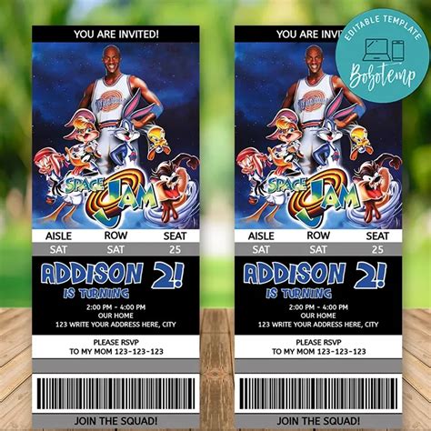 Editable Space Jam Movie Ticket Invitation Instant Download