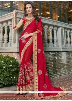 Buy Red Patch Border Work Faux Georgette Classic Designer Saree