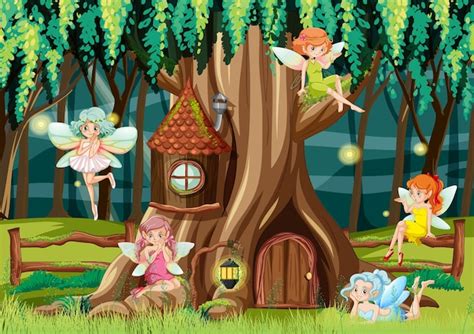 Premium Vector Fantasy Forest With Cute Fairies