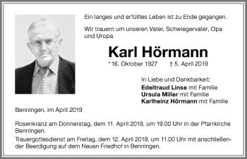 Traueranzeigen von Karl Hörmann Allgäuer Zeitung