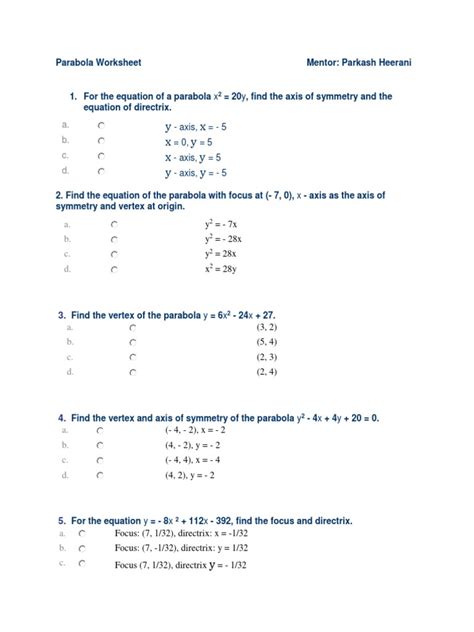 Parabola Worksheet Pdf Differential Geometry Geometric Objects