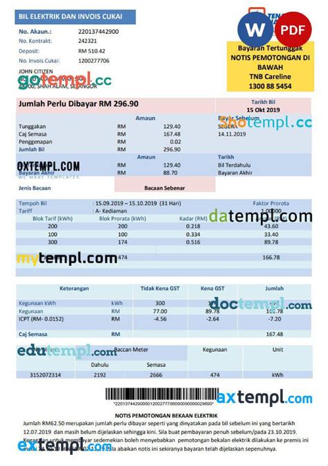 Malaysia Tenaga Nasional Electricity Utility Bill Template In Word And