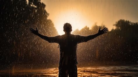 Premium Ai Image Rainy Day Victory Silhouette Of A Person Celebrating