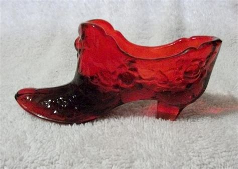 Vintage Fenton Ruby Glass Slipper Shoe From 1980s With Floral