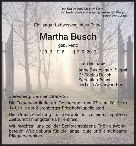 Traueranzeigen Von Martha Busch Trauer HNA De