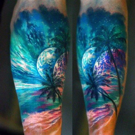 Forearm Beach Palm Tree Sunset Tattoo For Guys Tatto Piercings