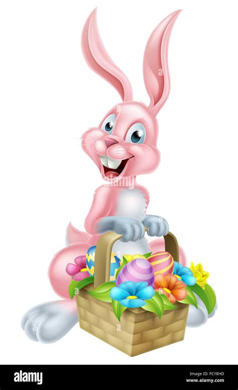 Cartoon Easter Bunny Rabbit Holding An Easter Basket Full Of Chocolate