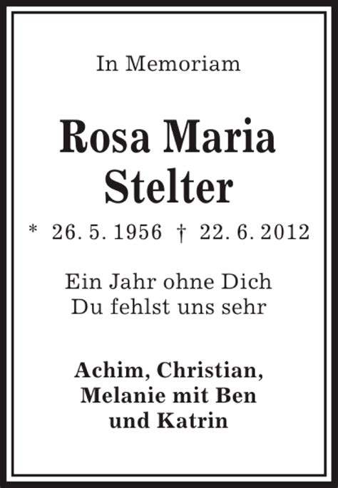 Traueranzeigen Von Rosa Maria Stelter Trauer Anzeigen De