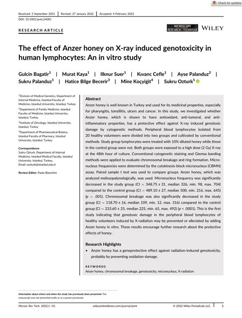 Pdf The Effect Of Anzer Honey On X‐ray Induced Genotoxicity In Human