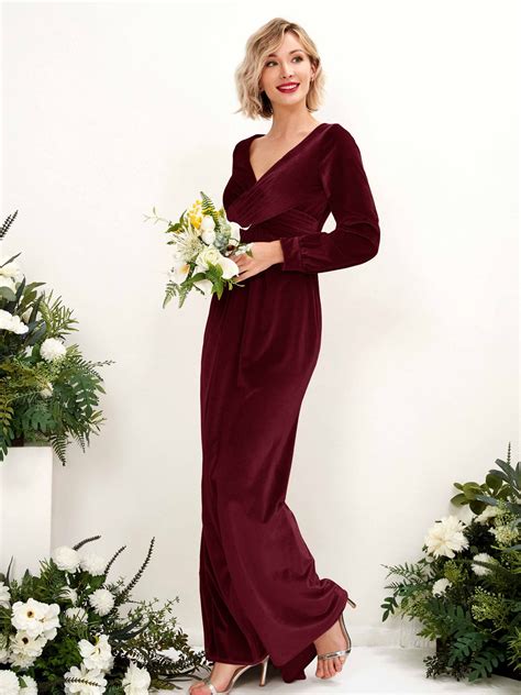 Dusty Rose Velvet Maxi Long Sleeve Dress V Neck Surplice Dress Carlyna