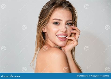 Beautiful Smiling Woman With Naked Shoulder On White Sensual Beauty