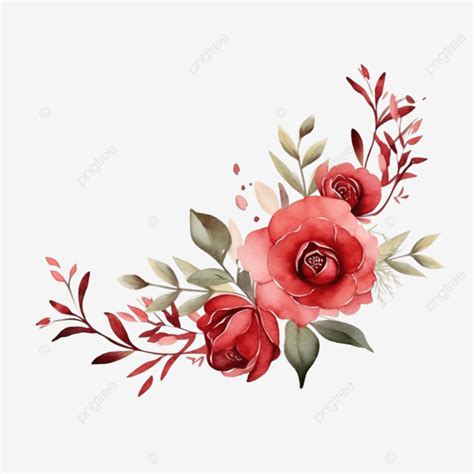 Red Floral Border With Greenery Leaves Watercolor, Floral Bouquet ...