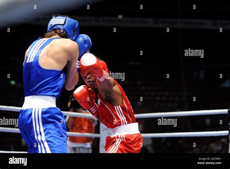 Boxers Fighting During An Amateur Boxing Match During The AIBA World Boxing Champioship In Milan