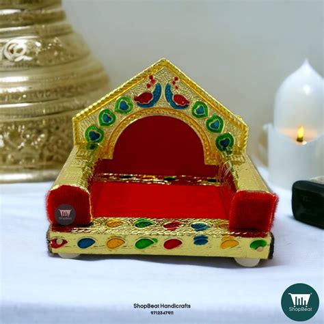 ShopBeat Golden Meenakari Peacock Design Laddu Gopal Wooden Singhasan 1