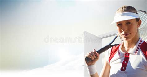 Composition Of Portrait Of Female Tennis Player Holding Tennis Racket