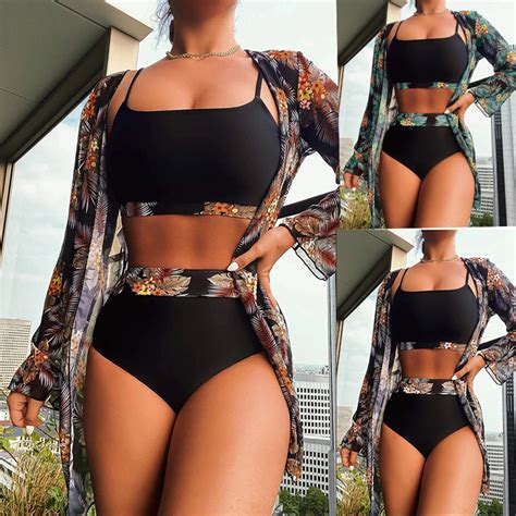 Hot Selling Women Bikini Pieces Suit Black Green Red Bikini Sets With Long Sleeved Cover