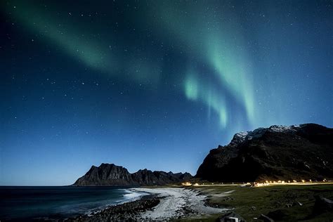 HD wallpaper: Aurora Borealis over mountain, lofoten, norway, night ...