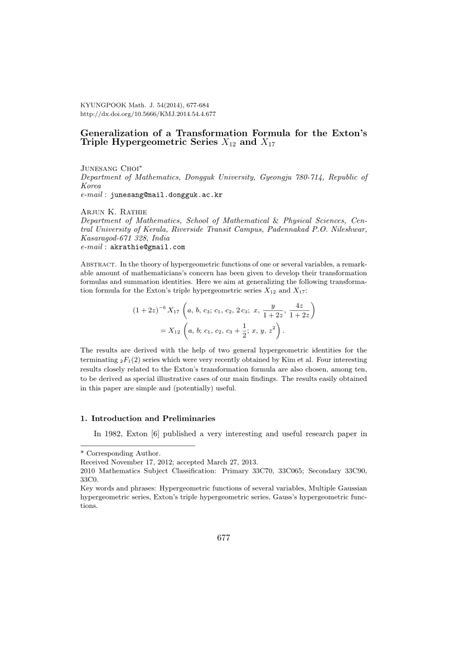 Pdf Generalization Of A Transformation Formula For The Exton S Triple Hypergeometric Series X