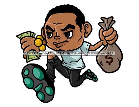 Black Man Cartoon Character Holding Money Bag Cash Running Etsy