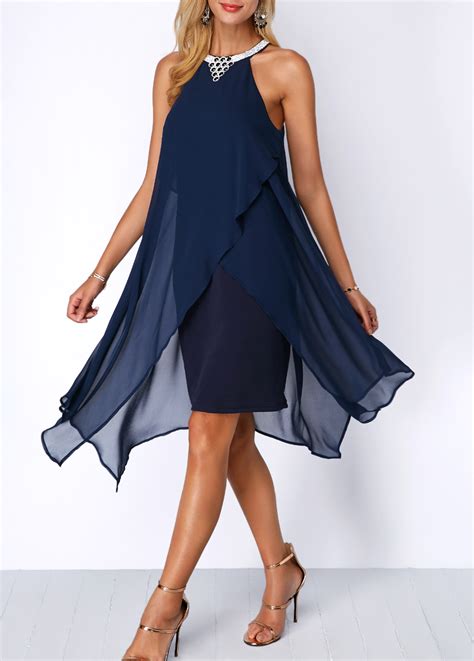 Embellished Neck Asymmetric Hem Chiffon Overlay Dress Modlily