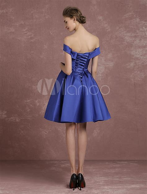 Royal Blue Cocktail Dress Off The Shoulder Satin Prom Dress V Neck Pleated A Line Knee Length